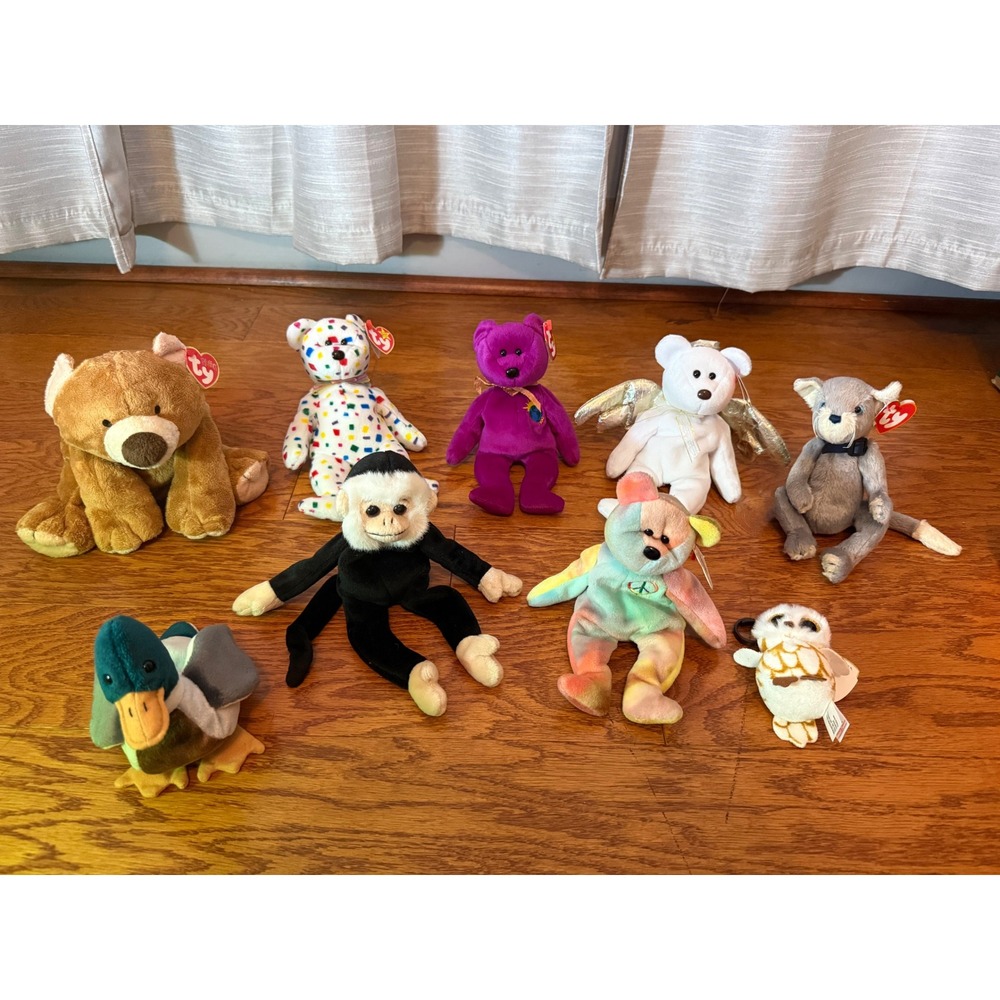 Assorted Beanie Babies Lot of 9 Animals - Magenta Bear, Mooch the Monkey & More